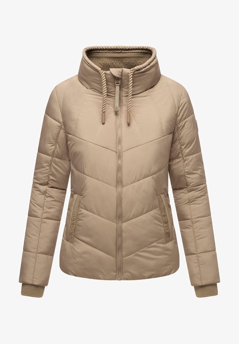 Khaki padded jacket with high collar, zip closure, two side pockets, diagonal stitching patterns, and ribbed cuffs. Brand label visible inside.