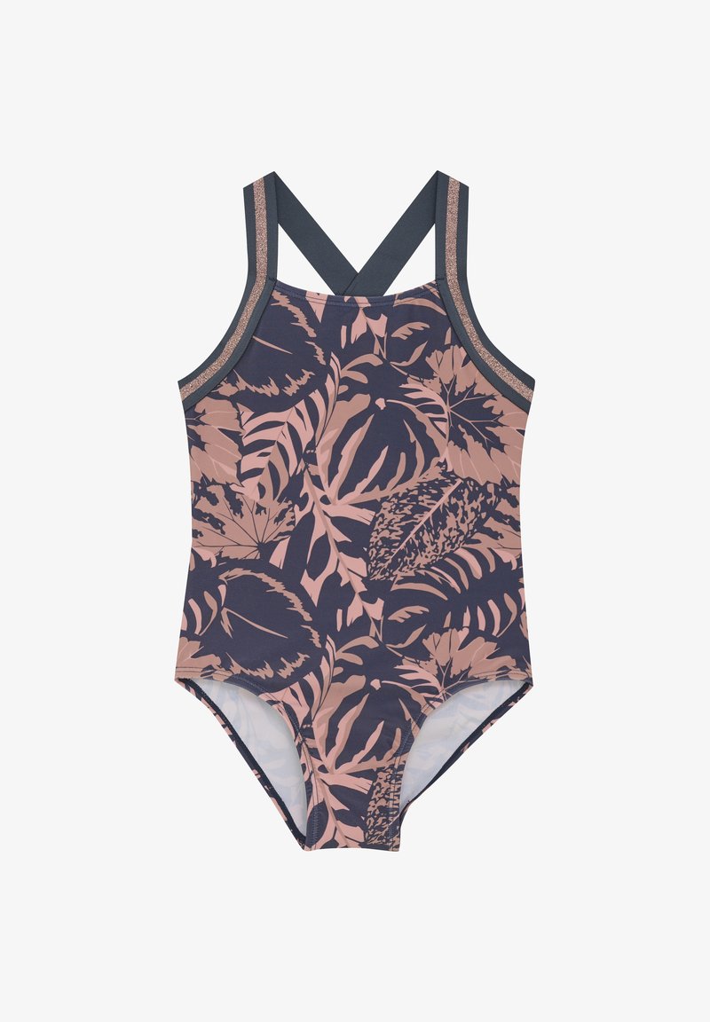 Maillot de bain une pièce bleu foncé avec un motif de feuilles tropicales roses, doté de bretelles croisées et d'accents texturés dorés le long des épaules.