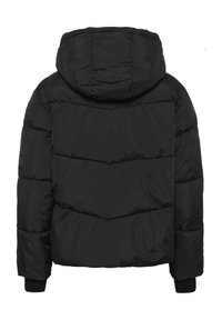 Schwarze Pufferjacke mit Kapuze, horizontal gestepptem Design und elastischen Bündchen, aus einem leichten, wasserabweisenden Material.