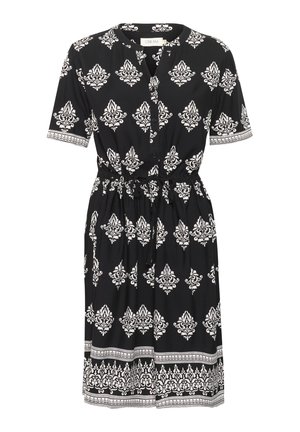 Crna haljina s bijelim cvjetnim uzorkom, kratkim rukavima, gumbima sprijeda, strukom s vezicom i dekorativnim rubom. Izrađena je od lagane tkanine.