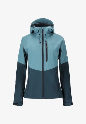 Voděodolná bunda s kapucí v světle a tmavě tyrkysové barvě, se zipovými kapsami, nastavitelnými šňůrkami a strukturovanou tkaninou pro zvýšenou odolnost.