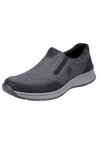 Grå slip-on sko med elastiska sidospaneler, strukturerad läderöverdel, kontrasterande sömmar och en grå gummisula. Minimalistisk design.