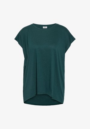 Sötétzöld, laza szabású rövid ujjú felső kerek nyakkivágással és kissé hosszabb hátrésszel.