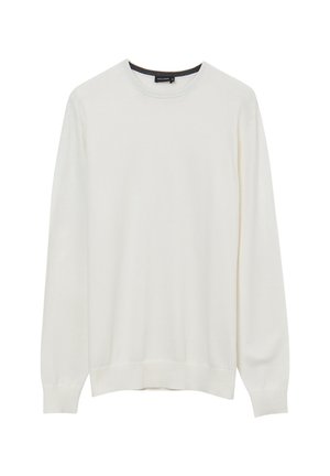 Maglione color crema chiaro realizzato in tessuto morbido, con scollatura rotonda e maniche lunghe. Presenta polsini e orlo a costine per un look aderente.
