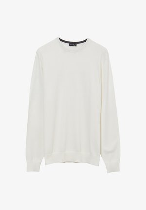 Helle Cremfarbene Pullover aus weichem Stoff, mit Rundhalsausschnitt und langen Ärmeln. Verfügt über gerippte Bündchen und Saum für einen taillierten Look.