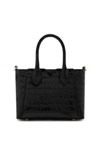Zwarte handtas met krokodillenstructuur, met dubbele handvatten, gestructureerde vorm en accenten in goudkleurig metaal. Glad oppervlak en platte basis voor stabiliteit.