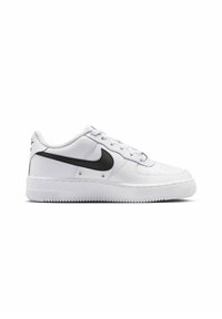 White low-top sneaker with black Nike swoosh, lace-up design, and textured sole, shown in left side profile on white background.