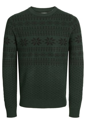 Pull en maille vert foncé avec un motif texturé orné de flocons de neige noirs et de motifs géométriques. Encolure ras du cou classique et poignets côtelés.