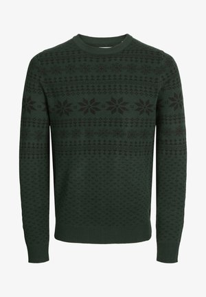 Donkergroene gebreide trui met een gestructureerd patroon en zwarte sneeuwvlok- en geometrische ontwerpen. Klassieke ronde hals en geribde manchetten.