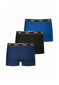Trois paires de boxers en bleu, marine et noir ; fabriqués en tissu lisse avec des ceintures élastiques arborant le logo "ATHENA" et des accents.