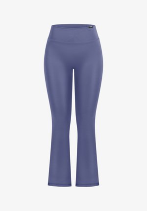 Flared leggings in een effen donkere lavendelkleur, gemaakt van rekbare stof met een hoge tailleband en een gladde textuur, zonder zichtbare patronen.