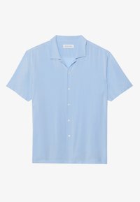 Chemise à manches courtes à boutons de couleur bleu clair. Fabriquée en tissu doux avec un col décontracté et cinq boutons à l'avant. Design simple et moderne.