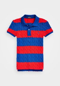 Pánská polokošile s výraznými červenými a modrými horizontálními pruhy, strukturovaným pleteným designem, krátkými rukávy a klasickým límcem s knoflíkovou légou.