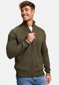 Oliven grønn strikket zip-up genser med høy krage, ribbede mansjetter med stripete detaljer og en teksturert overflate.