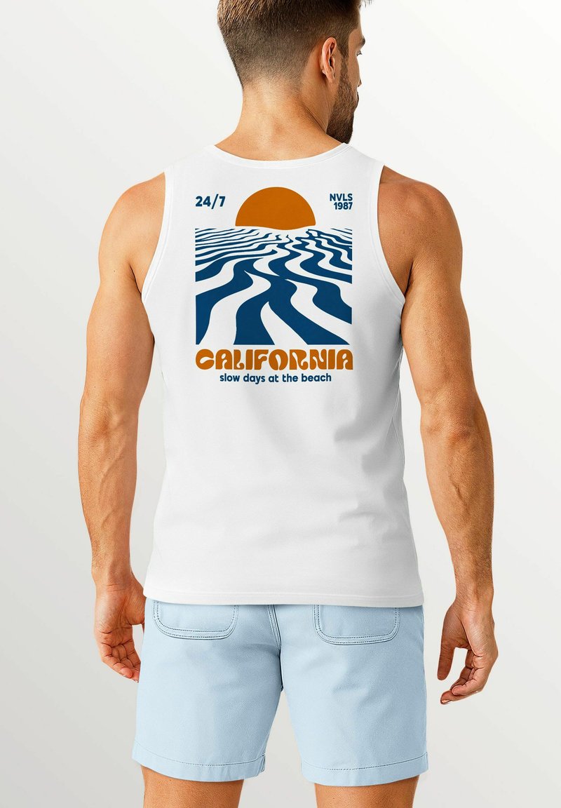 White sleeveless tank top featuring a retro graphic of a sun, ocean waves, and "CALIFORNIA" in orange text at the back.