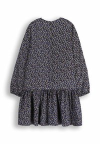 Sukienka o luźnym kroju z czarnym tłem i wielokolorowym kwiatowym nadrukiem, z długimi rękawami i marszczeniem w talii dla dodatkowej objętości.