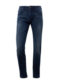 Jeans slim bleu foncé avec poches avant, passants de ceinture et fermeture par bouton, présenté sur fond blanc.