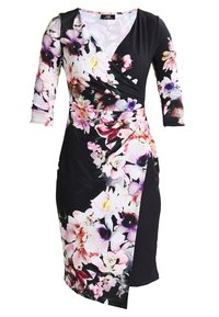 Robe portefeuille noire à manches trois-quarts, ornée d'un imprimé floral en tons de rose et de violet, en tissu doux et à la silhouette ajustée.