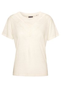Camiseta de manga corta en color crema con escote redondo y delicados detalles de encaje en forma de V en el pecho.