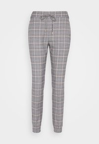 Grey plaid pants with a drawstring waistband, elastic cuffs, and two side pockets. The fabric features a textured check pattern.