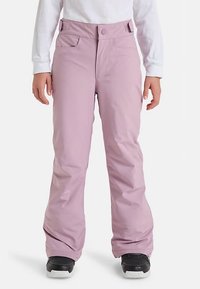 Světle fialové lyžařské kalhoty s rovným střihem, knoflíky v pase, bočními kapsami a hladkým, voděodolným povrchem.