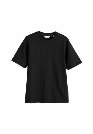 Sort bomulds T-shirt med korte ærmer, rund halsudskæring og en afslappet pasform. Glat tekstur, ingen synlige mønstre eller accenter.