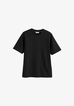 T-shirt noir en coton à manches courtes, col rond et coupe décontractée. Texture lisse, sans motifs ni accents visibles.