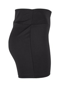 Fekete, magas derékú szoknya, rugalmas anyagból. Simaság jellemzi, testhezálló sziluettel és oldalsó varrásokkal.