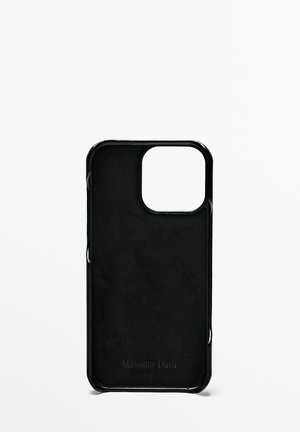 Black smartphone case with a soft texture and a square cutout for the camera. Features embossed "Massimo Dutti" branding at the bottom.
