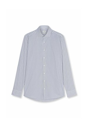 Camicia da uomo azzurro chiaro con bottoni, righe verticali bianche e maniche lunghe, con colletto classico e polsini con bottoni.