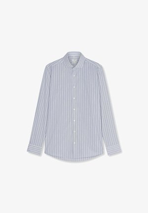 Light blue men's button-up dress shirt with white vertical stripes and long sleeves, featuring a classic collar and buttoned cuffs.
