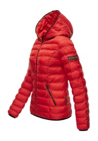 Red down jacket with a zippered front, hood, and black accents. Features a quilted design and two side zip pockets for functionality.