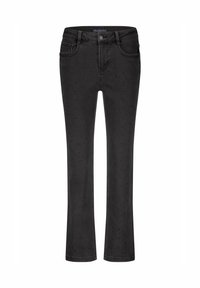 Zwarte denim jeans met een aansluitend ontwerp, voorzien van een subtiele stippenpatroon, knoopsluiting en klassieke vijfzakkenstijl.