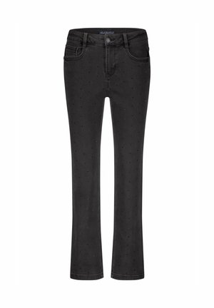 Zwarte denim jeans met een aansluitend ontwerp, voorzien van een subtiele stippenpatroon, knoopsluiting en klassieke vijfzakkenstijl.
