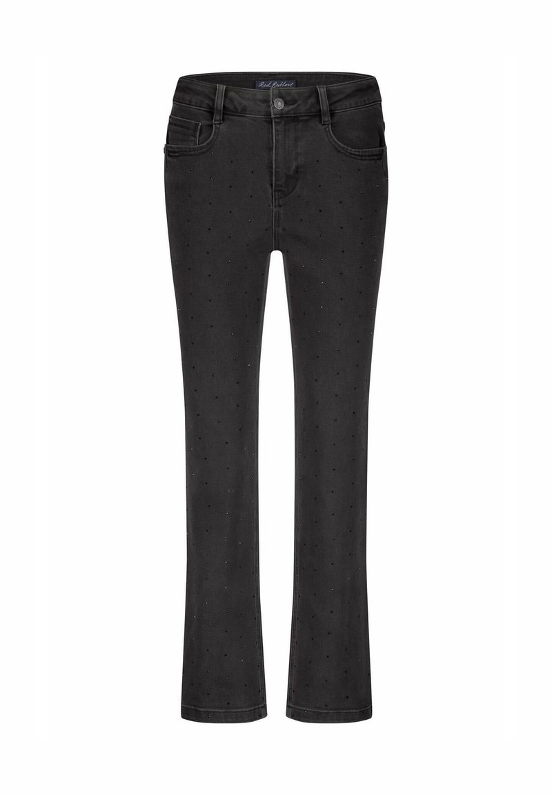 Zwarte denim jeans met een aansluitend ontwerp, voorzien van een subtiele stippenpatroon, knoopsluiting en klassieke vijfzakkenstijl.