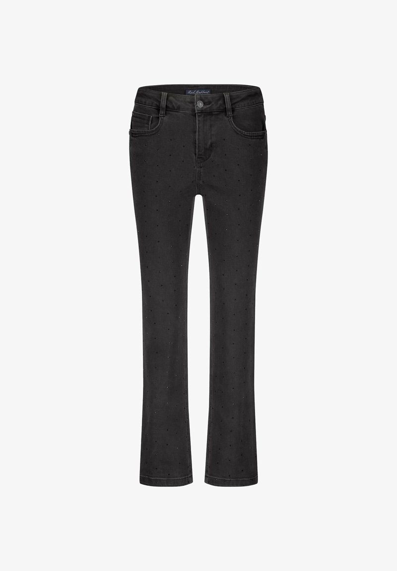 Zwarte denim jeans met een aansluitend ontwerp, voorzien van een subtiele stippenpatroon, knoopsluiting en klassieke vijfzakkenstijl.