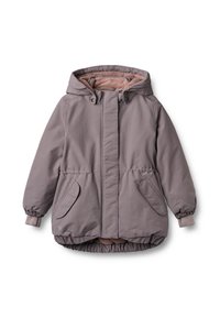 Violeta pūkaina jaka ar kapuci, mīkstu rozā oderējumu, elastīgām aprocēm un divām priekšējām kabatām. Gluda ārējā virsma, savākts apakšmala.