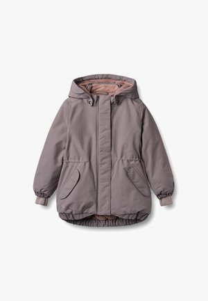 Lila Steppjacke mit Kapuze, ausgestattet mit einem weichen rosa Innenfutter, elastischen Manschetten und zwei Vordertaschen. Glatte Außenoberfläche, geraffter Saum.