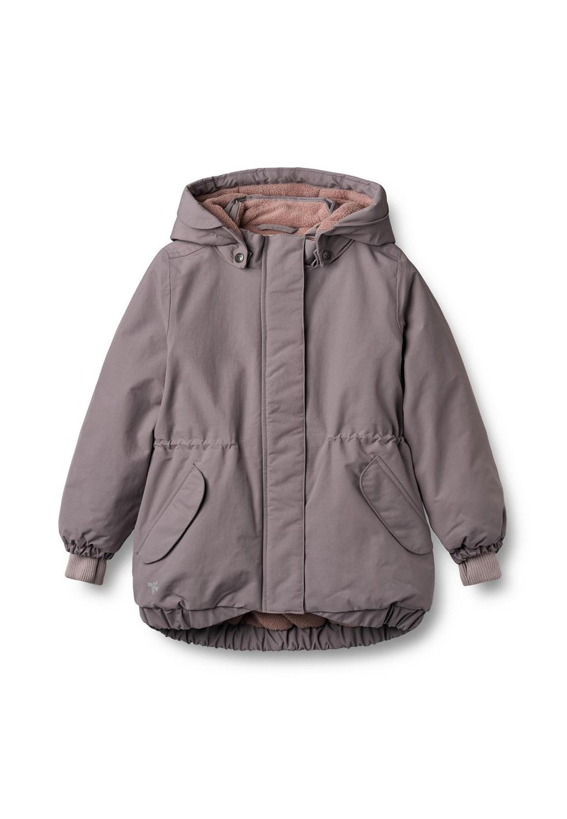 Violeta pūkaina jaka ar kapuci, mīkstu rozā oderējumu, elastīgām aprocēm un divām priekšējām kabatām. Gluda ārējā virsma, savākts apakšmala.