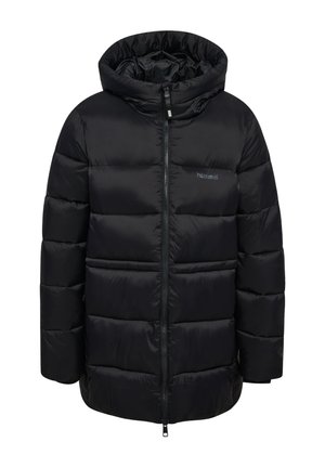 Veste d'hiver noire matelassée avec col haut et fermeture éclair intégrale à l'avant, avec un logo discret sur la poitrine.