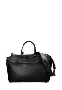 Zwarte leren handtas met tekstuurafwerking, dubbele handgrepen, verstelbare schouderriem en een ritsvak aan de voorkant. Voorzien van het merklogo aan de voorkant.