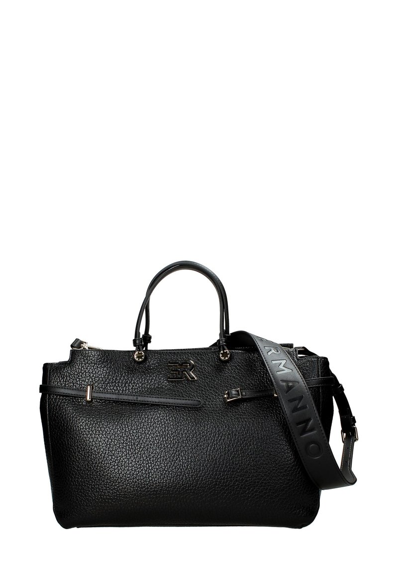 Zwarte leren handtas met tekstuurafwerking, dubbele handgrepen, verstelbare schouderriem en een ritsvak aan de voorkant. Voorzien van het merklogo aan de voorkant.