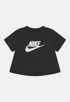 Black Nike cropped t-shirt with short sleeves and white Nike logo centered on the chest against a plain background.
