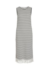 Robe blanche sans manches avec des rayures horizontales noires et un détail de franges le long de l'ourlet, longueur au genou, encolure ronde simple.
