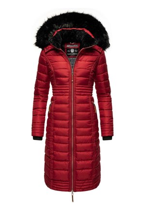 Red padded winter coat with a black faux fur hood, zip closure, side pockets, and ribbed cuffs. The design features quilted stitching.