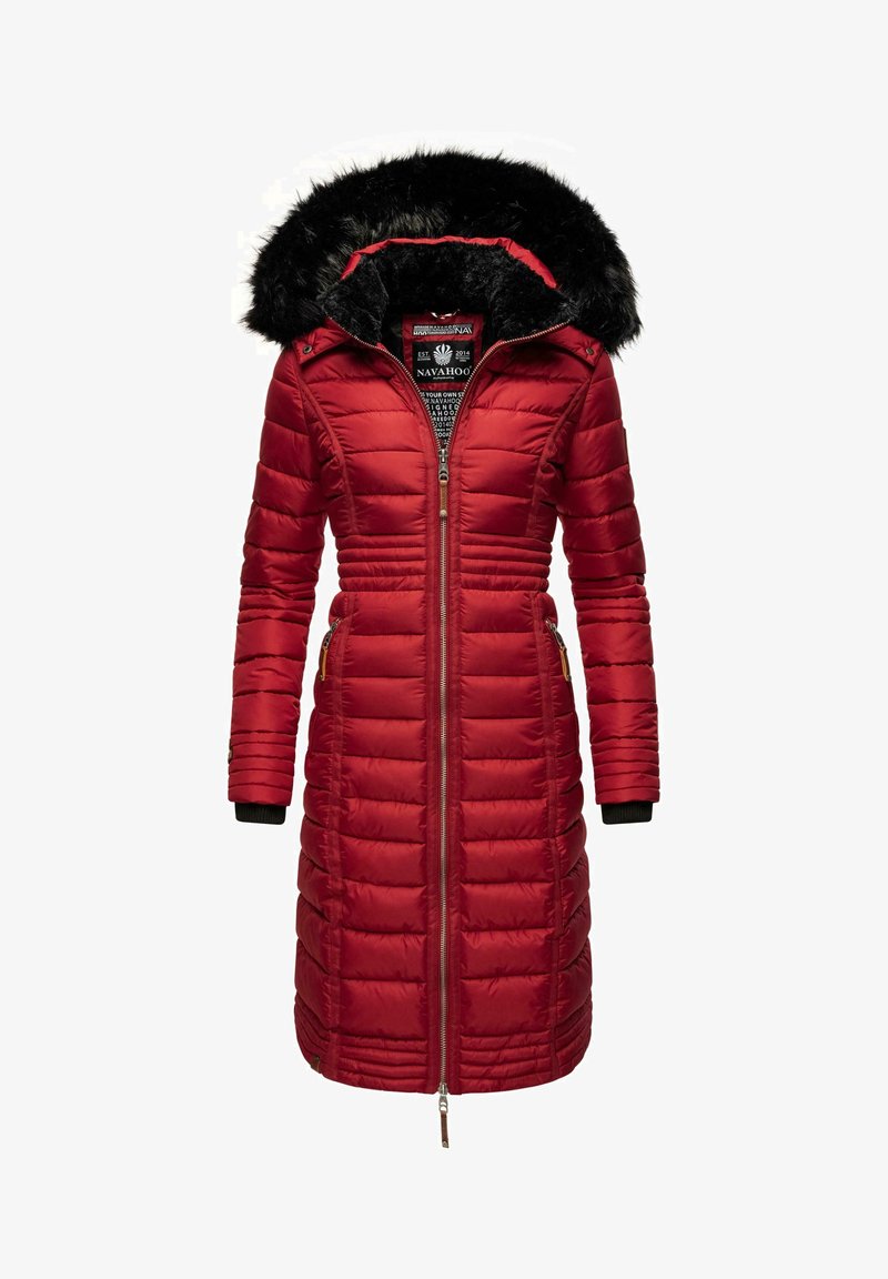 Red padded winter coat with a black faux fur hood, zip closure, side pockets, and ribbed cuffs. The design features quilted stitching.
