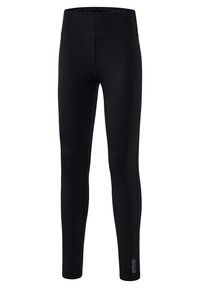 Leggings sportivi neri con una finitura liscia, vita alta e logo sul lato sinistro in basso. Realizzati in un materiale elastico e traspirante.