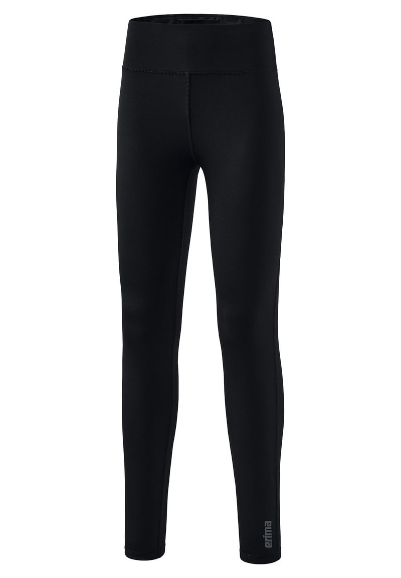 Leggings sportivi neri con una finitura liscia, vita alta e logo sul lato sinistro in basso. Realizzati in un materiale elastico e traspirante.