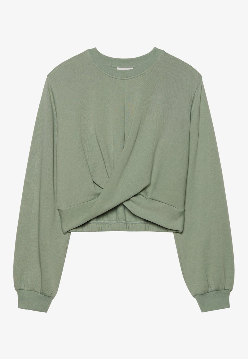 Sudadera corta verde hecha de una tela suave, con mangas largas, un diseño frontal retorcido y puños y dobladillo acanalados.