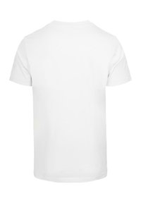 Hvid bomuld t-shirt, korte ærmer, rund hals, ensfarvet bagside, glat tekstur, ingen synlige mønstre eller detaljer.